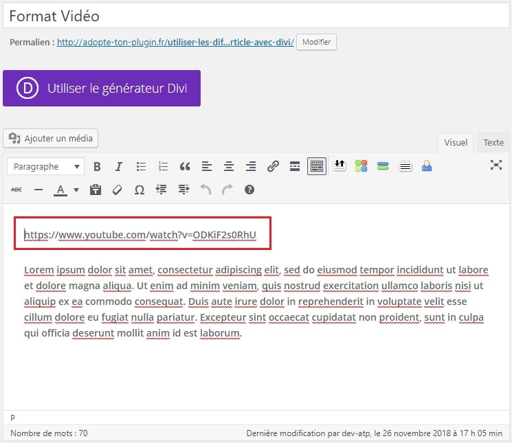 Utiliser le format vidéo dans une publication WordPress