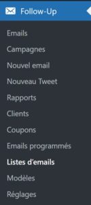 Menu du plugin Follow Up Emails traduit en français