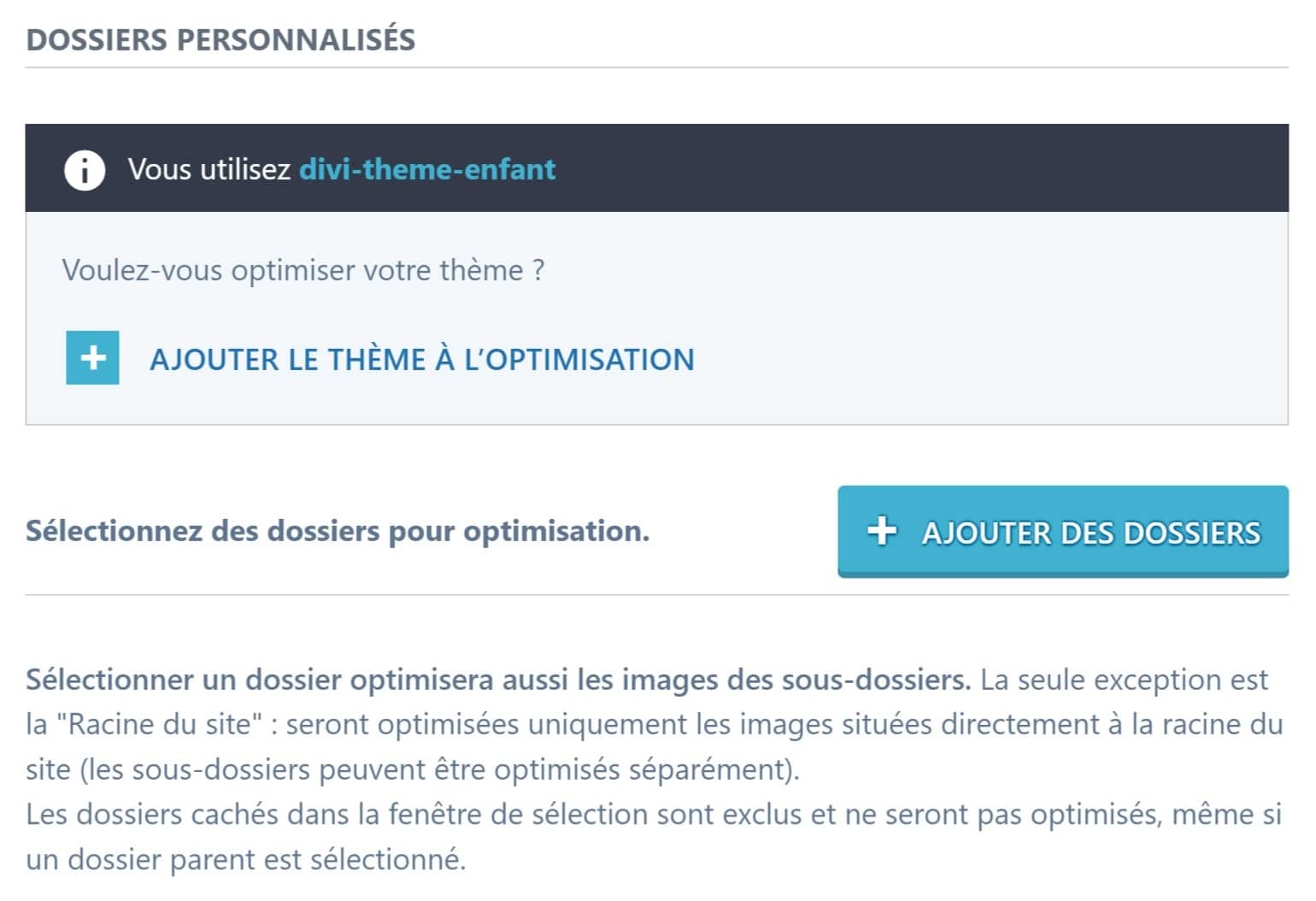 Réglages Imagify : dossiers personnalisés