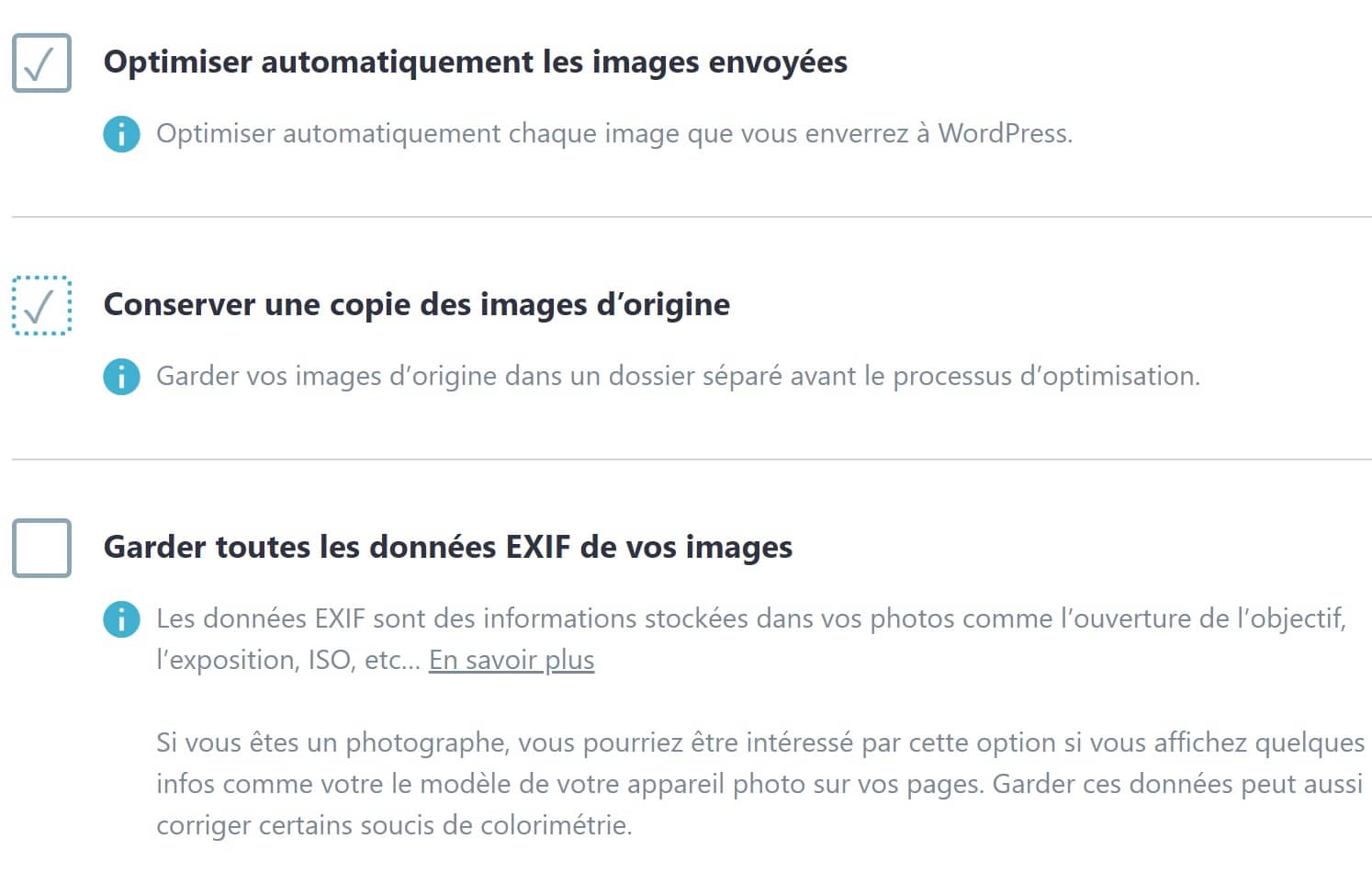 Réglages Imagify : niveau d'optimisation